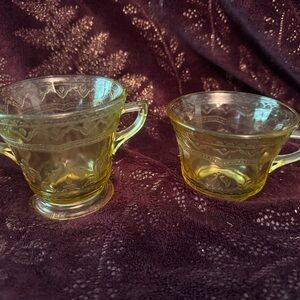 Depression glass yellow Sugar Bowl and one tea cup in Patrician by Federal Glass